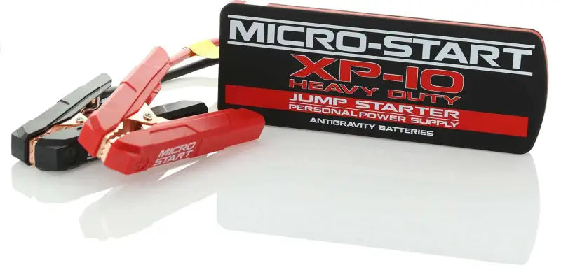 Micro-start XP-I0 battery starter with red and black clamps for powersports batteries