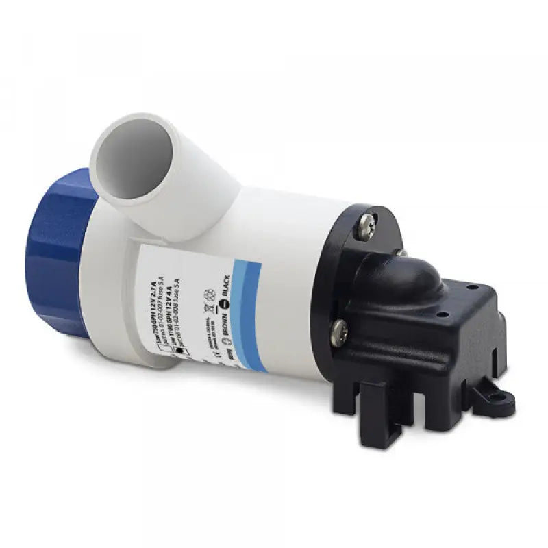 White and blue Albin Cartridge Bilge Pump with black motor housing for marine use