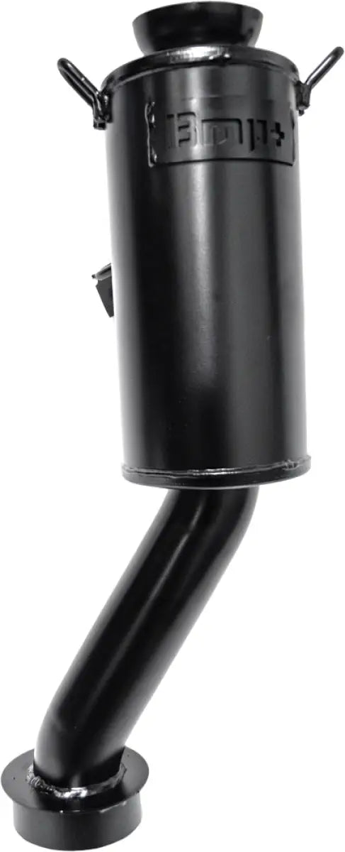 Black metal wood stove with angled exhaust pipe and Powder Lite Muffler for efficient heat