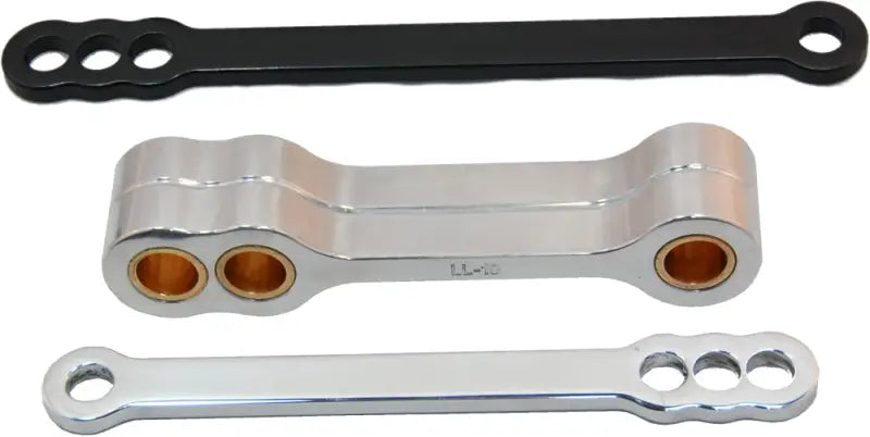 Three metal linkage arms in black and chrome finishes for Lowering Link 1.25 Drop Silver Hon