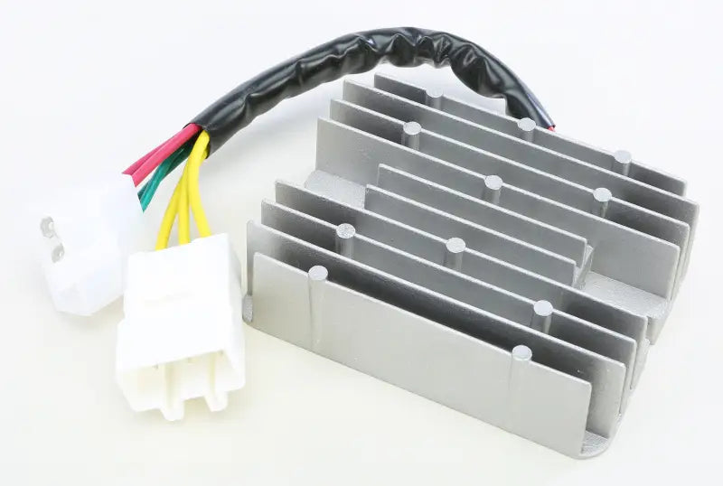 Automotive voltage regulator with finned aluminum heatsink and multi-colored wire harness for vehicle’s electrical system