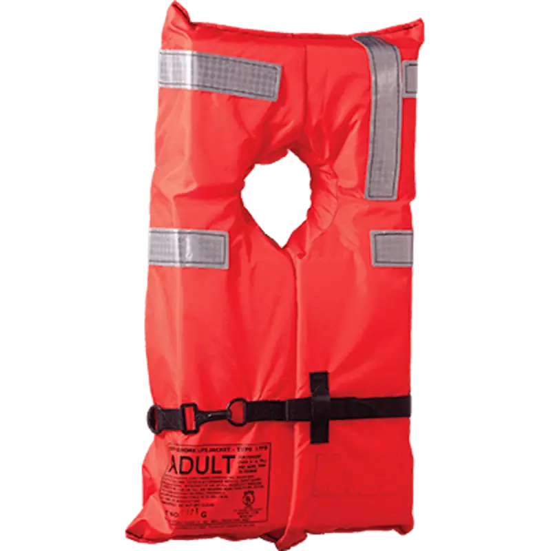"100100-200-004-12 Onyx Outdoor Type I Lifejacket Adult Commercial, bright red with high-visibility reflective strips"