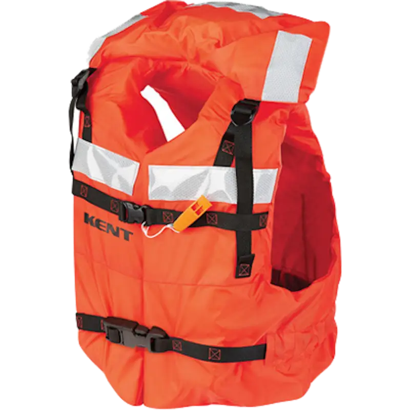 Orange Onyx Outdoor Lifevest Adult Type I by Kent with reflective strips and adjustable straps.