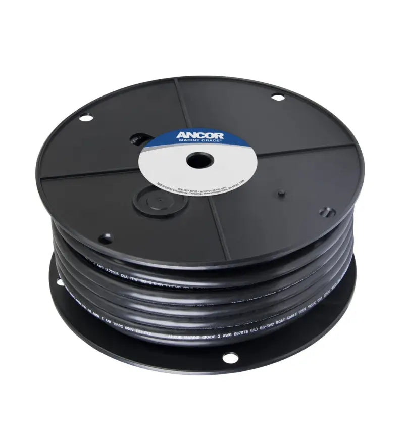 Spool of black Ancor Tinned Copper Battery Cable 2 AWG for marine use