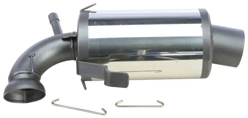 Chrome and matte gray automotive exhaust muffler with hanging brackets for standard performance exhaust