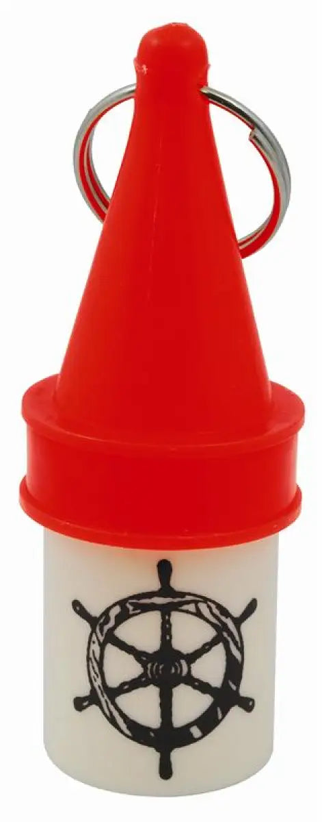 Red and white nautical floating key buoy for easy key buoy retrieval