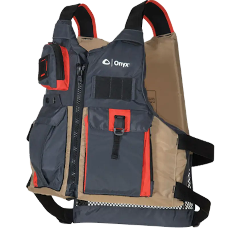 Gray and tan fishing life vest for kayak fishing from Onyx Outdoor Kayak collection