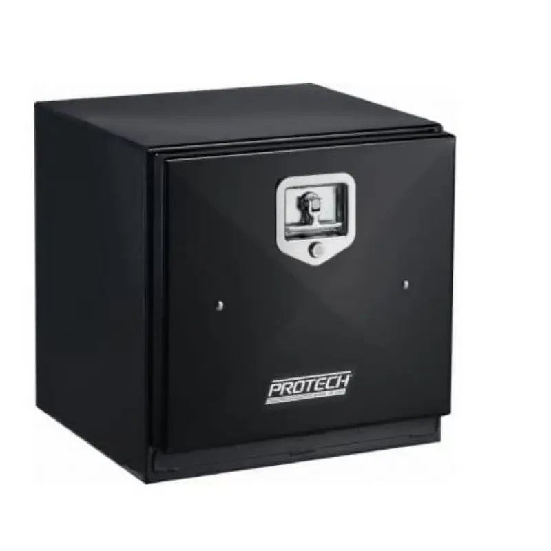 Black Protech box steel safe with silver handle and lock