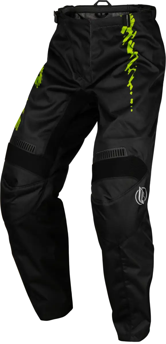 Youth F 16 Pants Black/Neon Green/Light Grey, featuring mesh comfort liner, multi-directional stretch ribbing, 600D polyester, YKK® main zipper, ergonomically pre-shaped knee, and ratcheting closure for adjustability, Powersports,Pants,AVADA - Best Sellers