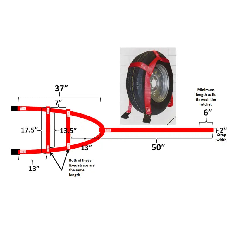 Red tire strap diagram with measurements for Tow Dolly Tie Down Products Tie