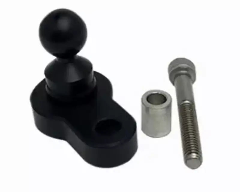 Black motorcycle mirror mount kit with single bolt, ball joint, silver spacer, screw
