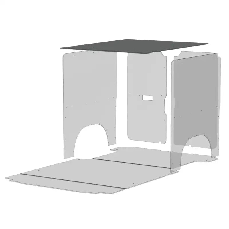 Gray cat house with black roof and arches, Legend Fleet Duratherm ceiling liner