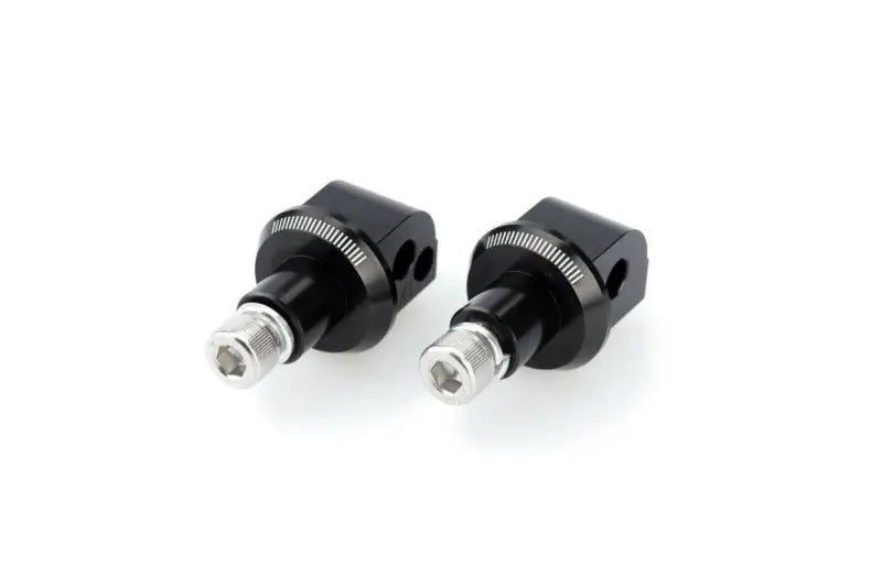 Black motorcycle chain adjusters with silver hex bolts for 6633N footpeg adapter or racing footpegs