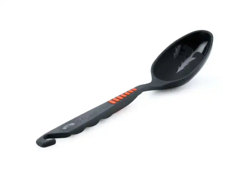 Black plastic sports pack spoon with orange accents and hooked handle for G.S.I.Sports Pack