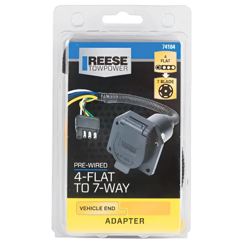 74184 Reese 7 Way Round Car End Connector in packaging. Ideal for RV, automotive, powersports, off-road, marine, exterior, truck accessories, interior, truck bed, rv parts. Towing & Hitches, Towing | Trailer | Axles | Brakes | Boat, Trailer Wiring | Towing | Adapters | Connectors, AVADA - Best Sellers, Powersports Accessories, Must Haves