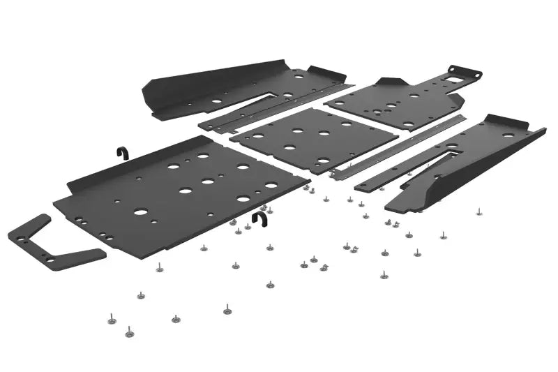 Disassembled black metal Seizmik skid plate kit with tree kickers and fasteners for Uhmw fit