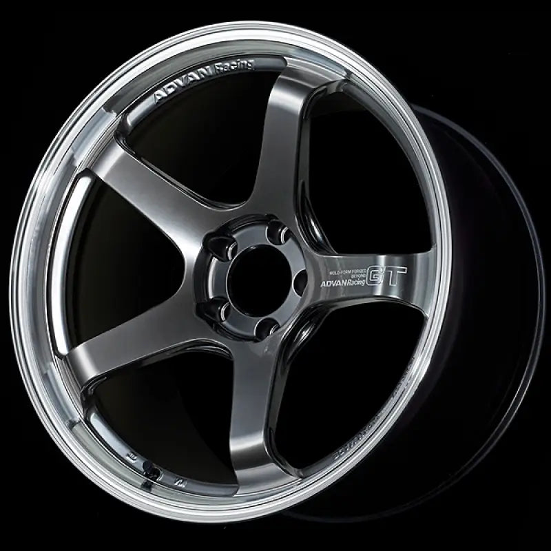 Shiny Advan GT 19x10.5 hyper black racing wheel, five-spoke polished design