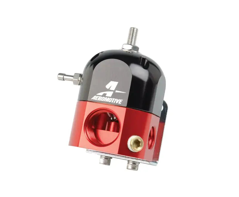 Aeromotive A1000 Carbureted Bypass Regulator - 2-Port in black and red finish.