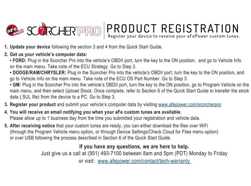 Afe Scorcher Pro performance programmer registration card with steps