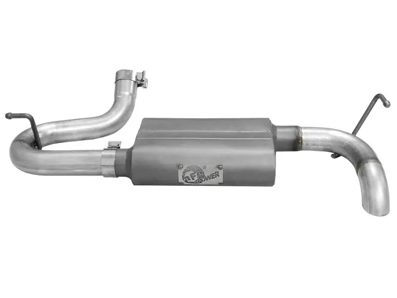 aFe Scorpion Exhaust System Axle Back Aluminized Hi-Tuck for 07-17 Jeep Wrangler JK V6 3.6/3.8L, featuring mandrel-bent steel tubing and a chambered muffler.