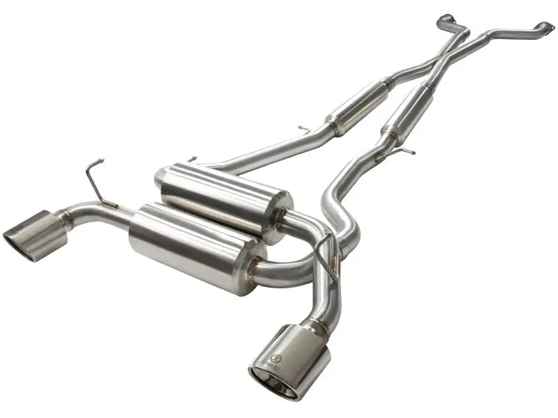 aFe Takeda 2-1/2in 304SS Cat-Back Exhaust System w/ Polished Tips for Infiniti G37 08-13/Q60 14-15 V6-3.7L (VQ37VHR) showcased with dual transverse mufflers and high-quality TIG welded stainless steel construction.