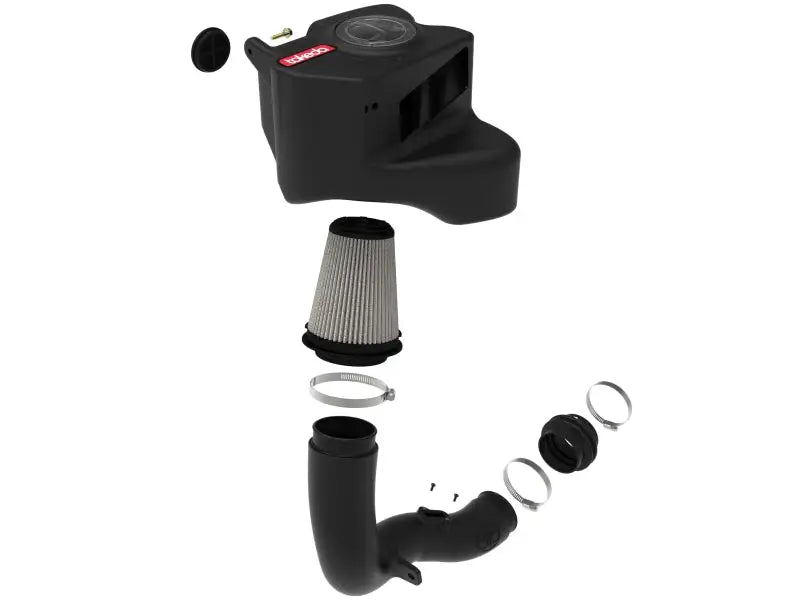 Exploded view of black afe takeda momentum cold air intake system for Subaru Forester