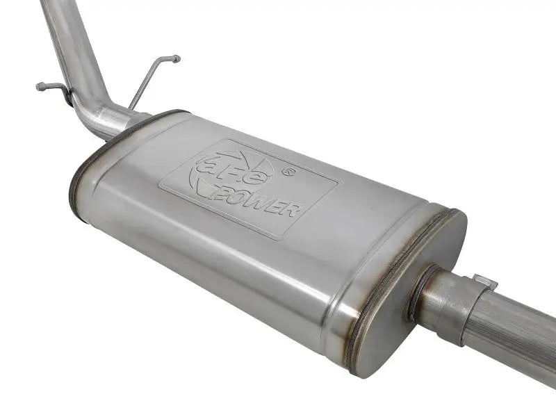 Shiny metal muffler from aFe Vulcan Series 3in 304SS Exhaust for Silverado 1500