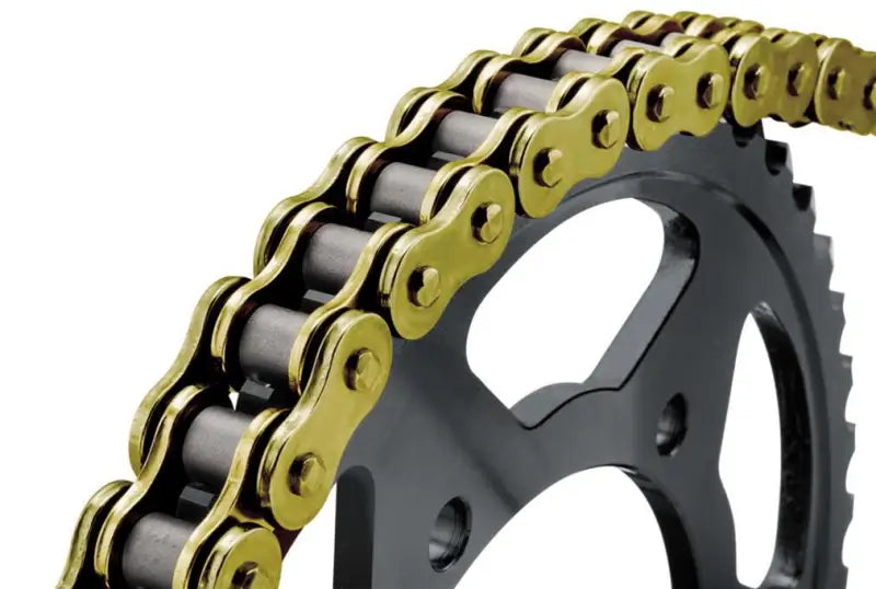 Gold and black BikeMaster 530x150 BMZR Z-Ring Chain on sprocket for bikes