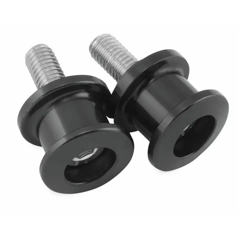 Two black BikeMaster Alum Spool Kit Lite spools with silver bolts for bikes