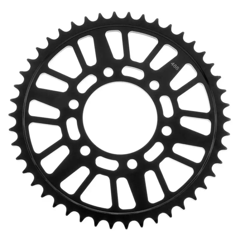 Black bike sprocket showing the rear steel sprocket for Kawasaki bikes