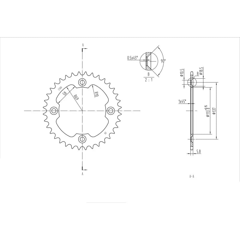 Technical drawing of BikeMaster Suzuki rear steel sprocket 520 36T Black