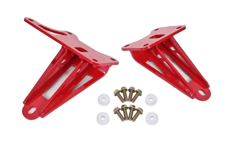 BMR Suspension Red Motor Mount Brackets for 2011-2017 S197 Mustang, includes Grade 8 hardware.