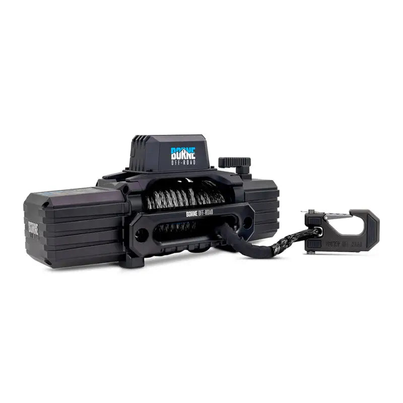 Black off-road winch with black synthetic rope and hook for the Borne Off-Road 12K Winch