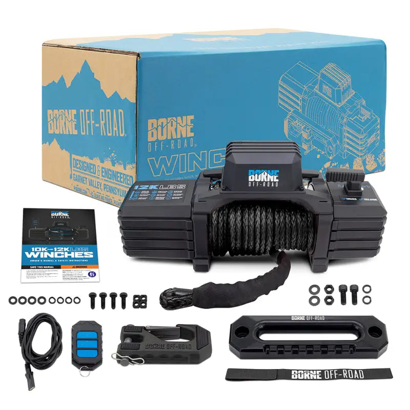 Black off-road winch with black synthetic rope and accessories for the Borne Off-Road 12K Winch