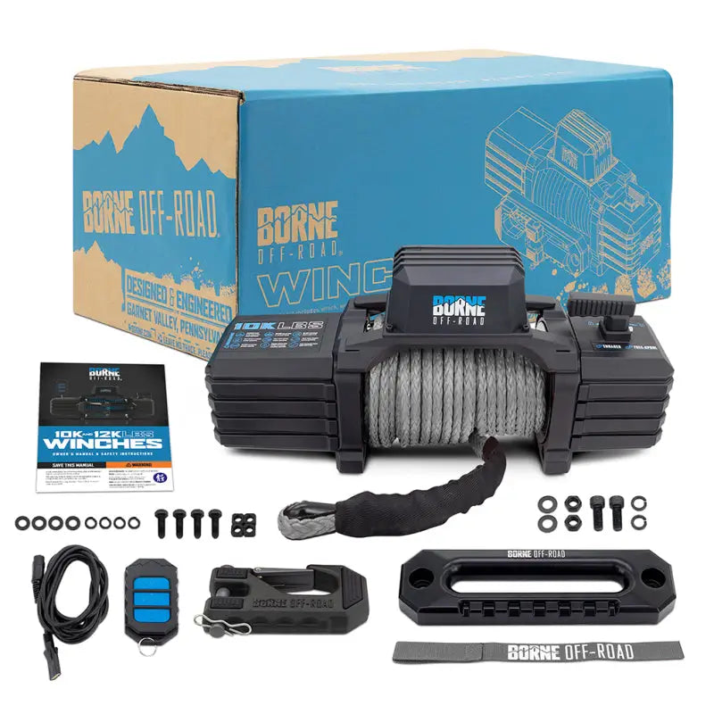 Borne Off-Road 10K Winch with grey synthetic rope
