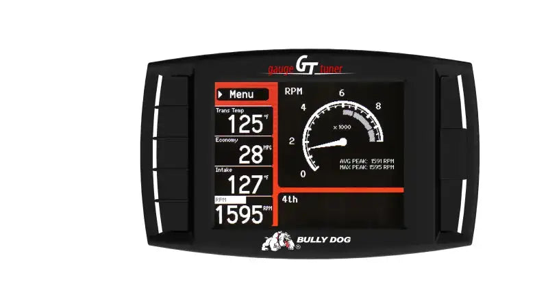 Bully Dog Triple Dog Platinum GT Gas Tuner and Gauge displaying engine parameters including Trans Temp, Economy, Intake, and RPM.