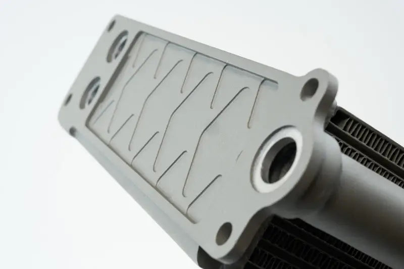 Gray metal heat exchanger for Porsche 911 engine oil cooler with widemouth fitting