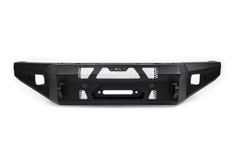DV8 Offroad MTO Series Winch-Ready Front Bumper for 2021+ Ford Bronco, black steel with pod light mounts and optional bull bar opening.