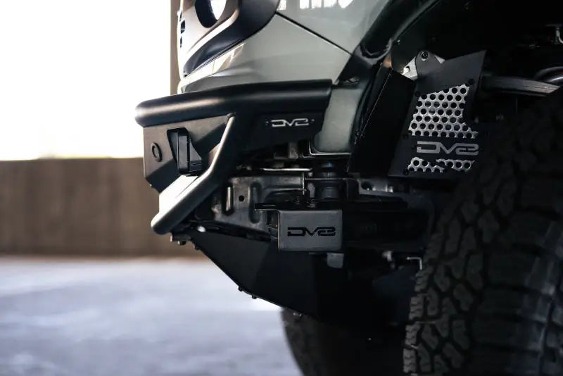 DV8 Offroad 21-22 Ford Bronco Competition Series Front Bumper with steel skid plate and bolt-on side gussets for superior protection.