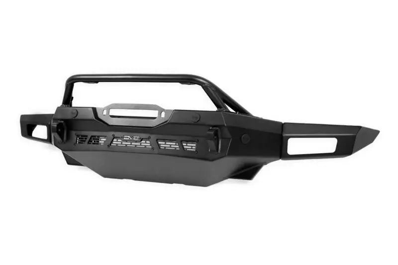 DV8 Offroad 21-23 Ford Bronco Spec Series Front Bumper featuring a low profile design with a tubular bull bar and heavy duty steel skid plate.
