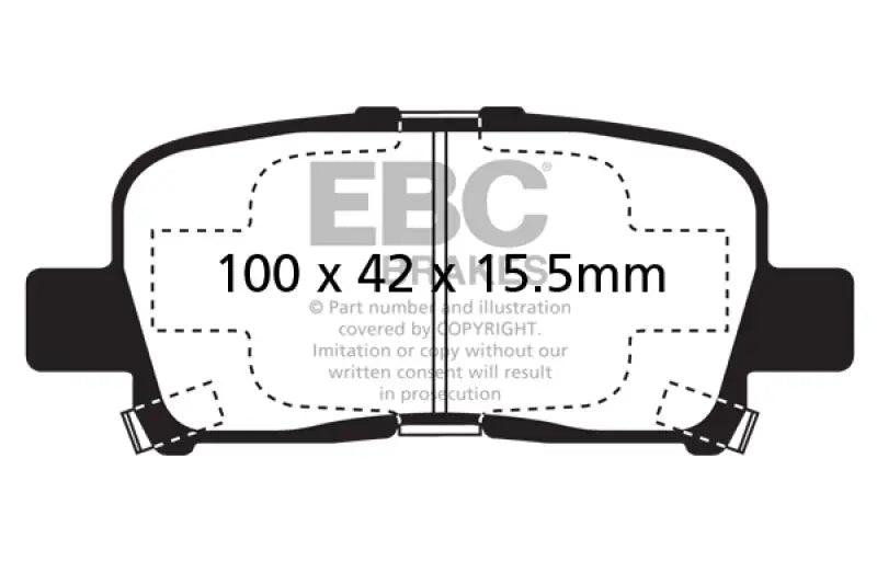 Black and white diagram of EBC 00-02 Acura MDX rear brake pads with dimensions 100x42x15.5mm