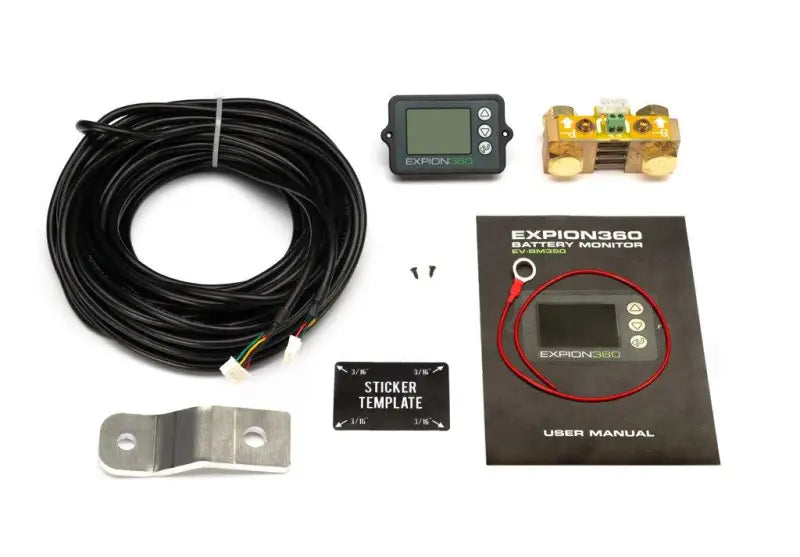 EX-BM350-KT Expion 360 Battery Monitor with 500A Shunt, cable, monitor, shunt, user manual, and mounting accessories laid out.