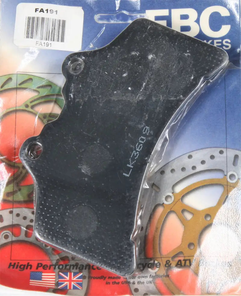 Black EBC FA191 Brake Pads in clear plastic package for motorcycle or ATV brake pads