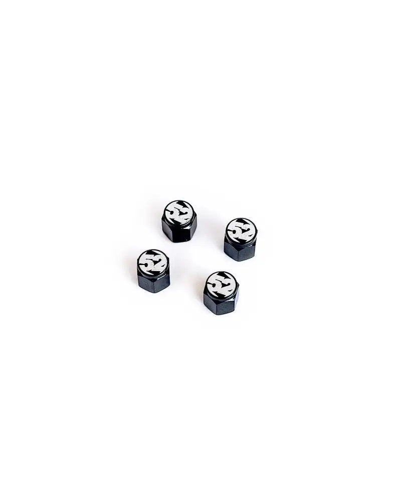 Four black Fifteen52 valve stem caps with white logo for tire valve stem upgrade