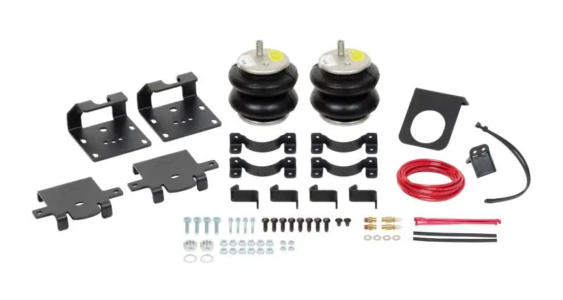 Firestone Ride-Rite Air Helper Spring Kit Rear Chevy/GMC HD 2500/3500, W217602613 Components including brackets, air helper springs, hardware, air line, and inflation valves.