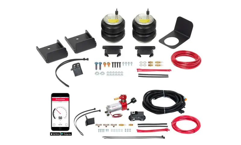 Firestone Ride-Rite Air Spring Kit Rear 2019 GMC Sierra 1500 components with air helper springs, supports, hardware, air line, and inflation valves.