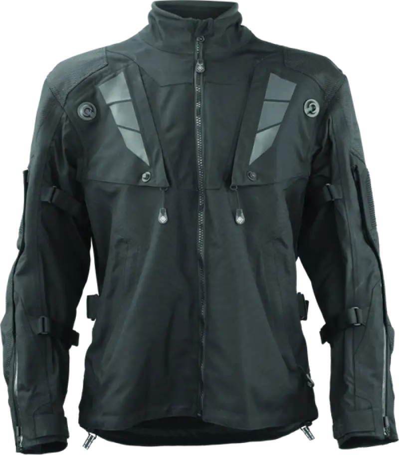 Black FIRSTGEAR Rogue XC Pro Jacket with reflective accents and adjustable straps
