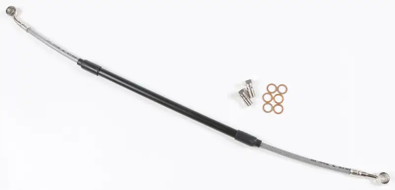 Black and silver braided stainless steel brake line FK003D276R with banjo fittings
