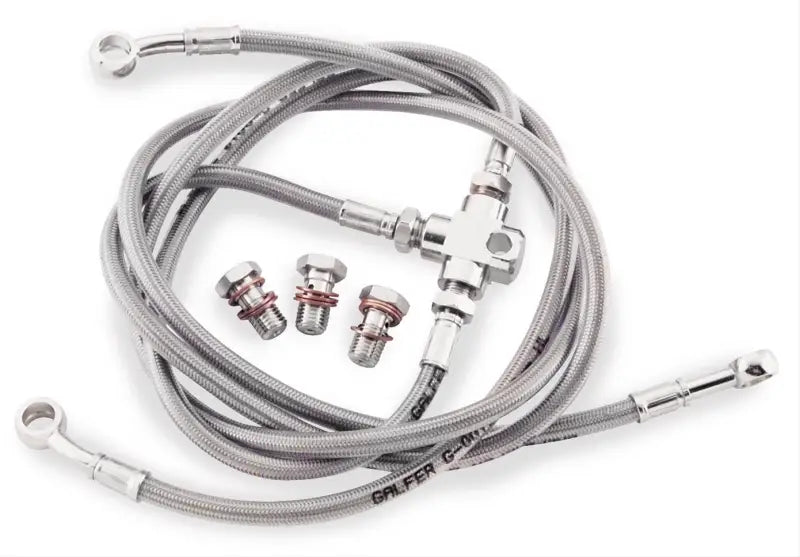 Braided stainless steel motorcycle brake line kit FK003D481R Galfer with T-splitter and banjo bolts