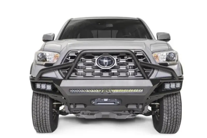 Front view of a 2017 Ford F250-350 featuring the Fab Fours FS17-A4150-1 winch bumper with a black and gray finish, highlighting its rugged design and superior front-end protection.